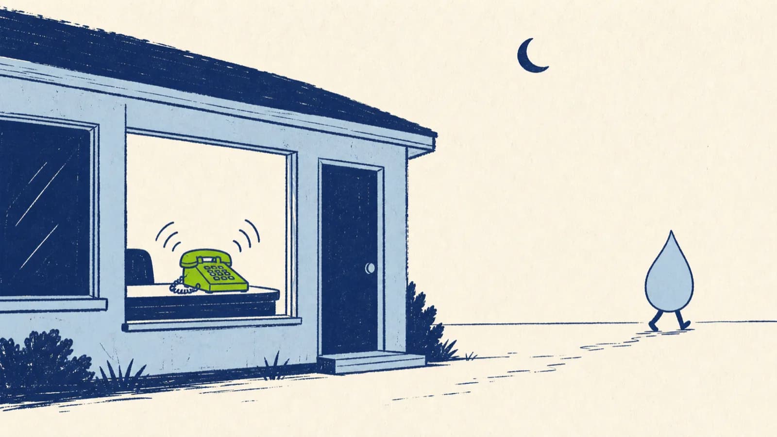 A hand-drawn night scene: a closed dealer office with a phone ringing on the counter and a water-droplet customer walking away down the path under a crescent moon.