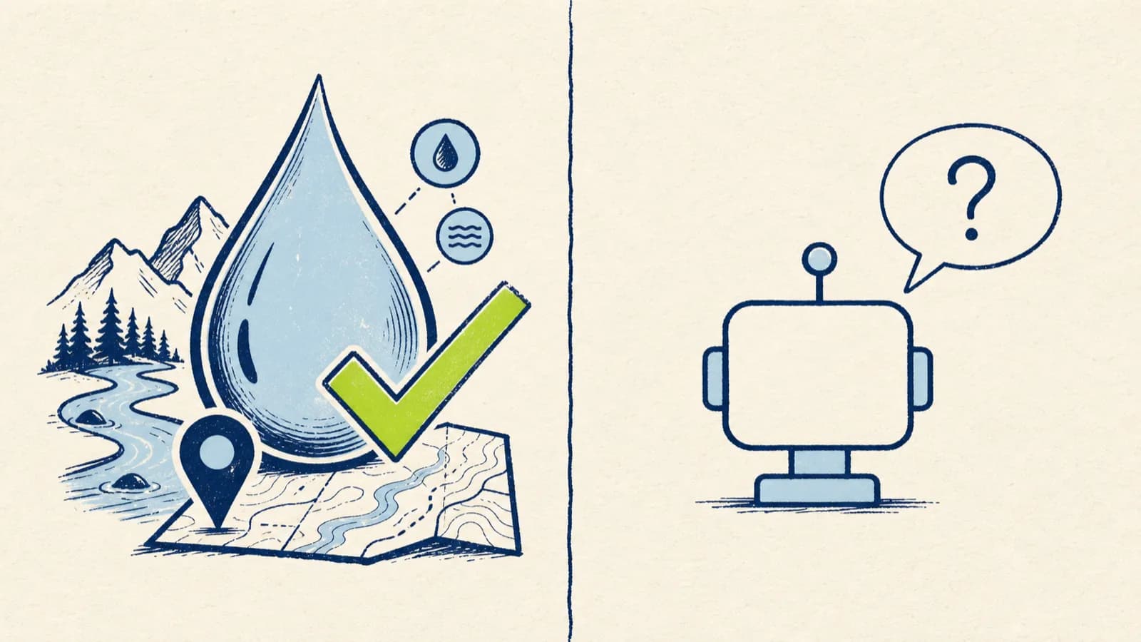 Two water droplets — a hollow navy outline beside a solid navy droplet with a lime highlight — a comparison.