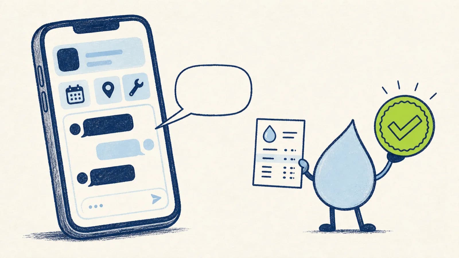 A hand-drawn phone running a generic booking app emits a blank speech bubble, while a small water-droplet character beside it holds up a water-test report and a certification seal — the platform answers, the specialist knows the water.