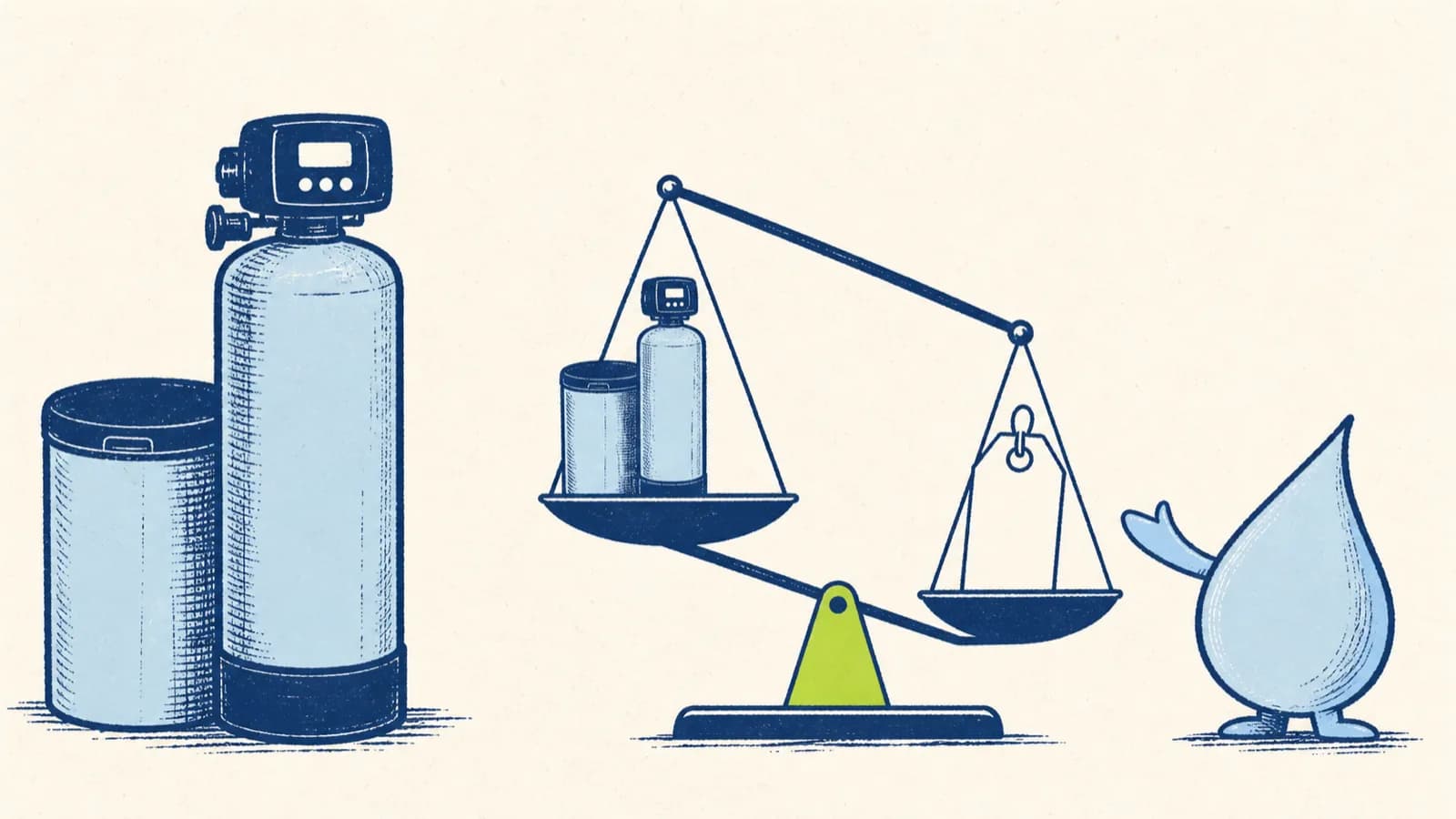 A hand-drawn water-softener tank beside a balance scale weighing a correctly sized system against a price tag and tipping toward the system, with a water-droplet character gesturing at the balance.