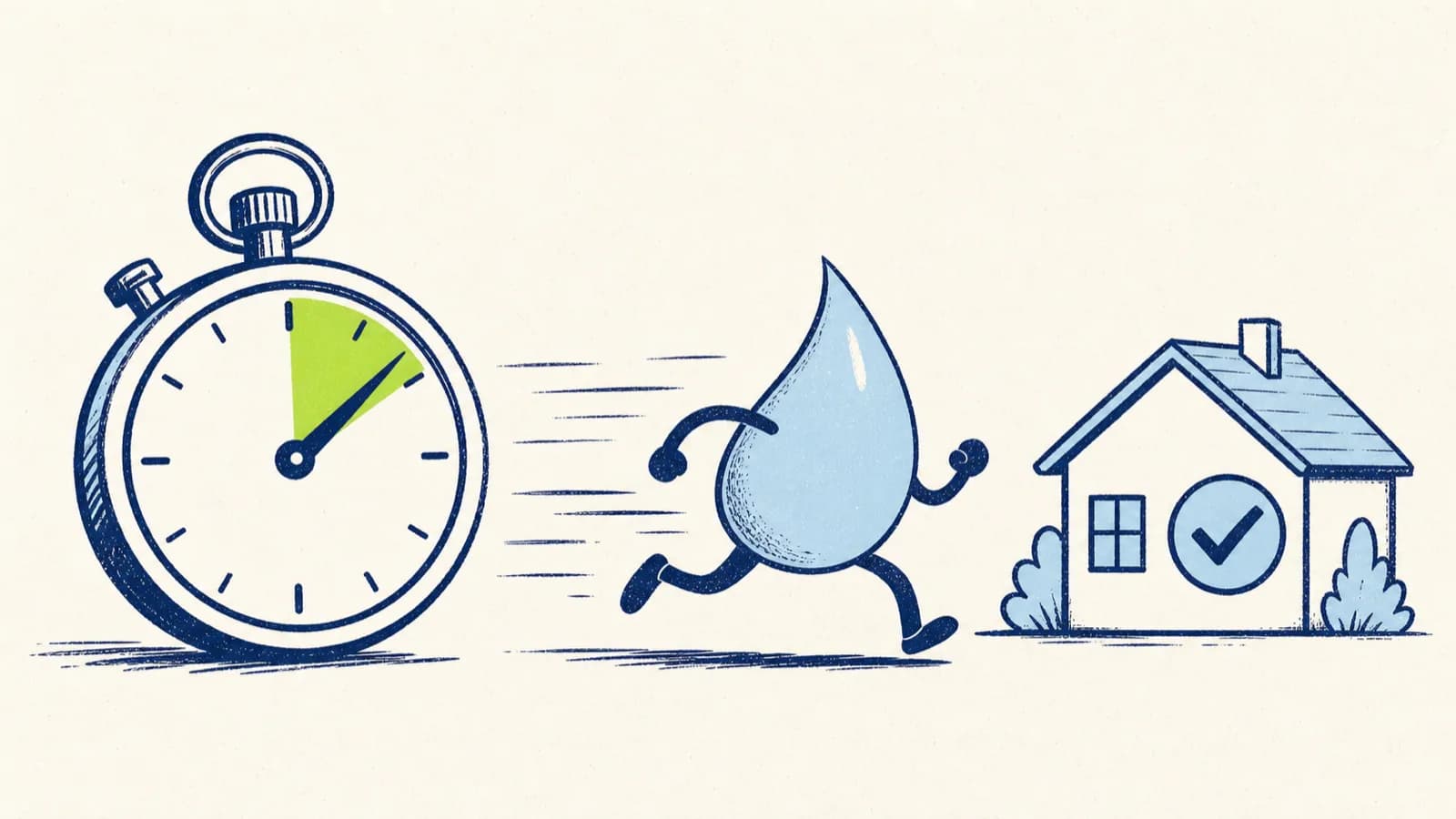 A hand-drawn stopwatch with its needle in a highlighted zone and a water-droplet character dashing toward a house marked with a check — a race against the clock.
