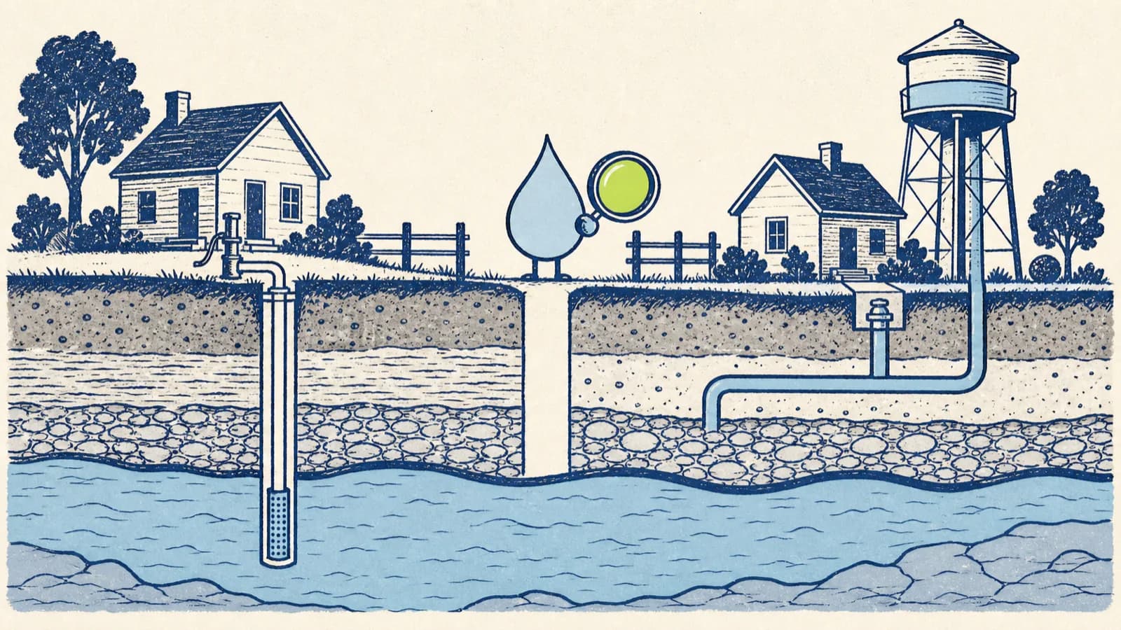 A hand-drawn cross-section: a house drawing from a private well into a groundwater aquifer on the left, a house on municipal water with a water tower on the right, and a water-droplet character with a magnifier comparing the two.